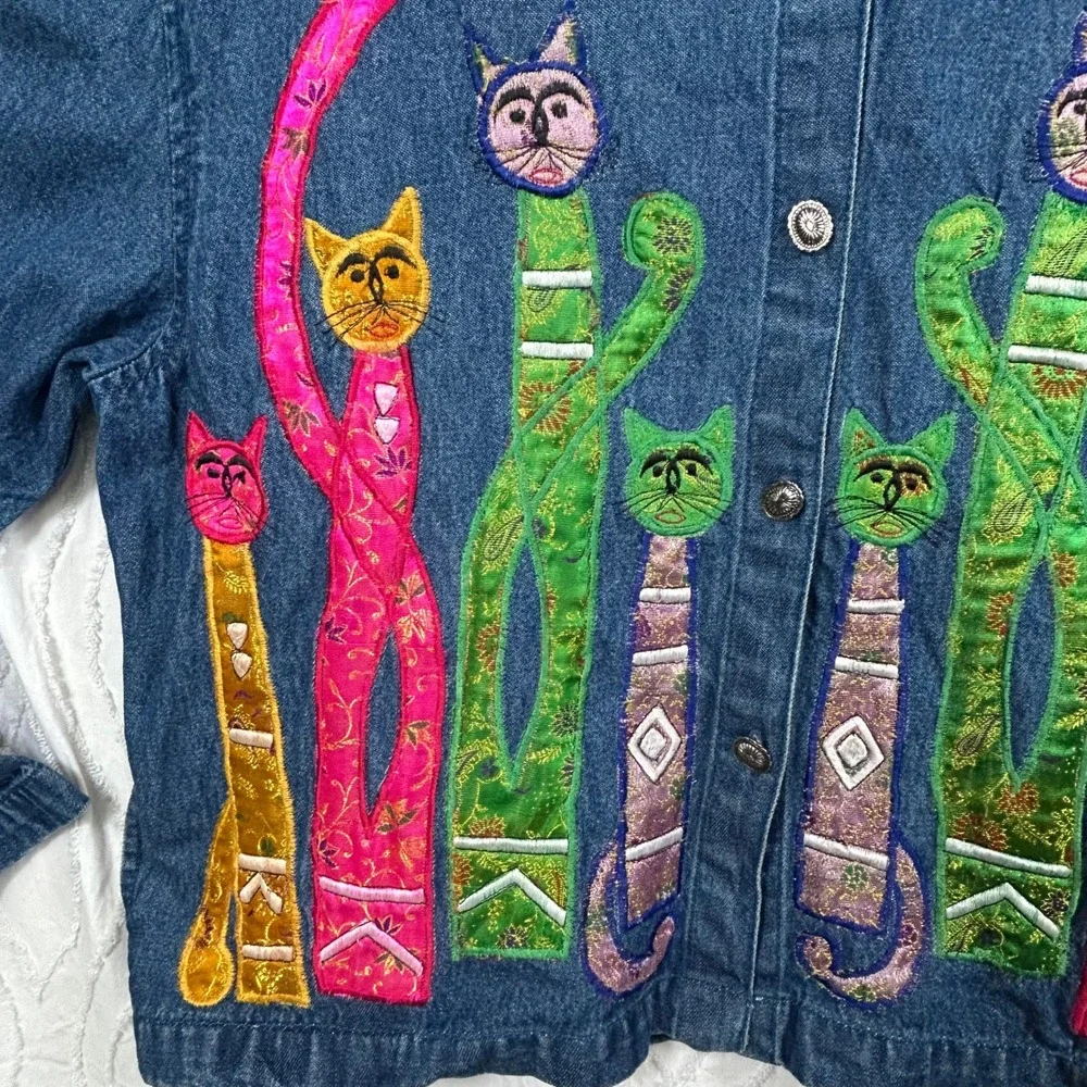 Vintage 90s Tantrums Petite Denim Jacket Women PL Embroidered Cat Art Whimsical
